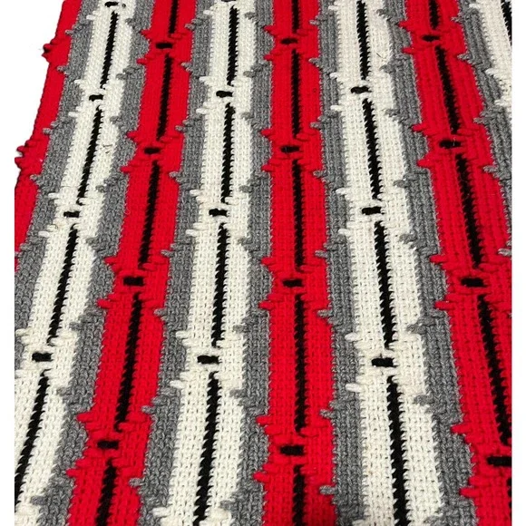 Crochet Afghan Blanket Throw Red Black Grey White Double Pattern Handmade  96x36